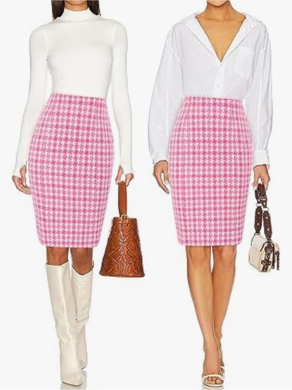 Pink Houndstooth Pencil Skirt - Women's High-Waist Pencil